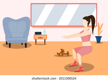 Concept exercise, relax, quarantine, Covid-19. Woman doing exercises, squats, indoors to make the body strong. Vector flat style. Illustration for content lifestyle, squats, happy, stay home, healthy 