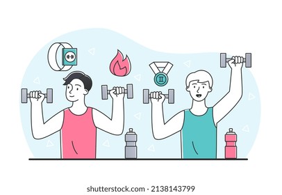 Concept of exercise. Two men with dumbbells in their hands do shoulder exercises. Sports and active lifestyle. Bodybuilding and muscle strengthening, athletes. Cartoon flat vector illustration