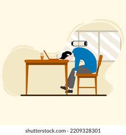 the concept of exhaustion or running out of energy. exhausted shellac employee sitting in office. Long working day. Millennials at work.