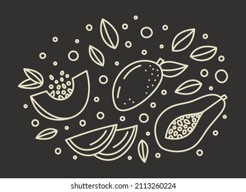 Concept of exotic fruits on brown background.