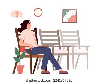 Concept of expectation. Young girl sits on chair and looks at clock and picture. Patient at appointment with specialist or doctor. Poster or banner for website. Cartoon flat vector illustration