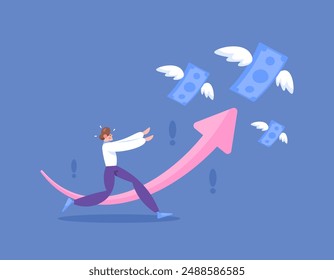 the concept of expenses getting higher or increasing. the cost of living continues to rise. illustration of a man chasing money that flies away. Financial Problem. flat style design. graphic. spending