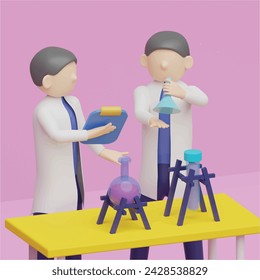 Concept of experiment in chemistry laboratory. Realistic 3d object cartoon style.