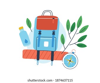 Concept of exploration, ecotourism and hiking. Composition of a backpack, bottle of water and compass decorated with leaves isolated on white background. Tourist flat vector cartoon illustration