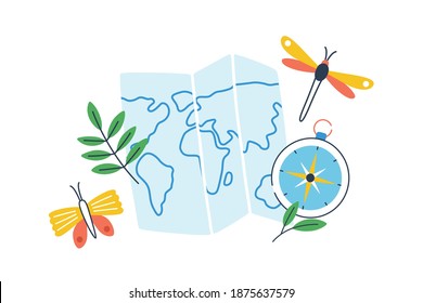 Concept of exploration, travel and eco tourism. Composition of geographical or naturalistic objects. Flat vector cartoon illustration of world map and compass isolated on white