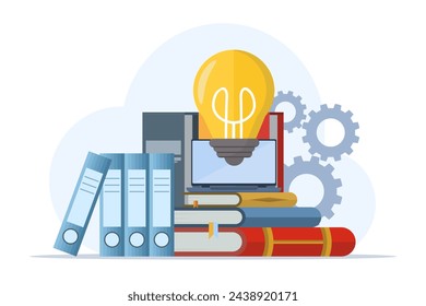 Concept Explore studying at home. working with technology tools. watching lectures on laptop. Head office is working. remote work and distance education. flat vector illustration.