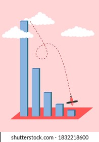 Concept of exponential decline in income. Economic depression and drop in sales. Bar graph descending exponentially from the clouds, along with a plummeting airplane.