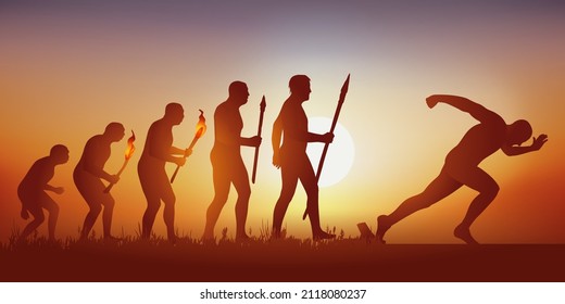 Concept of the exponential evolution of humanity on its impact on the environment with the symbol of a man launching a sprint.