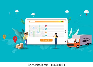 Concept of express delivery, business man and woman are discussing to track the shipment that shown on the screen of tablet to deliver the goods by van on time in green color background.