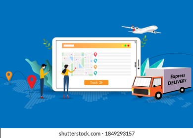 Concept of express delivery, business man and woman are discussing to track the shipment that shown on the screen of tablet to deliver the goods to customers on time in blue color background.