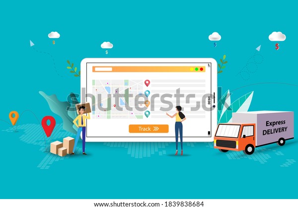 Concept\
of express delivery, business man and woman are discussing to track\
the shipment that shown on the screen of tablet to deliver the\
goods by van on time in green color\
background.