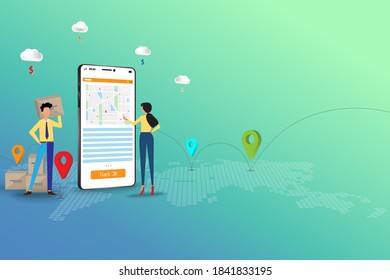 Concept of express delivery service, business man and woman are discussing to track the shipment that shown on the screen of smartphone to deliver the goods to customers on time.