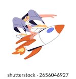 Concept of express delivery service. Carrier delivers food in thermal bag. Courier carries orders flying fast on rocket. Deliveryman flies on spacecraft. Flat isolated vector illustration on white