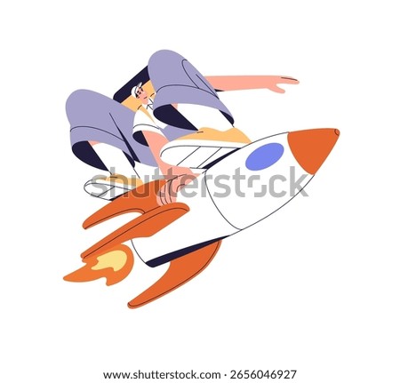 Concept of express delivery service. Carrier delivers food in thermal bag. Courier carries orders flying fast on rocket. Deliveryman flies on spacecraft. Flat isolated vector illustration on white