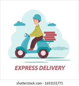 Concepto de servicio de entrega Express, entrega rápida de pedidos por moto con cajas de cartón. Ilustración vectorial. Eps 10