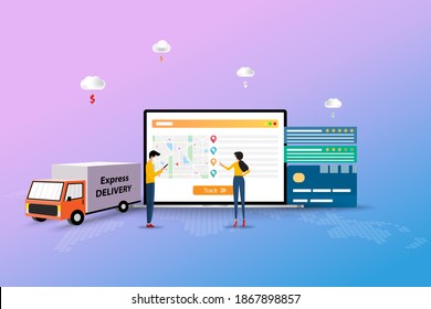 Concept of express delivery, staff of logistic department are discussing to track the shipment and deliver the goods to customers on time in front of a big screen of laptop.