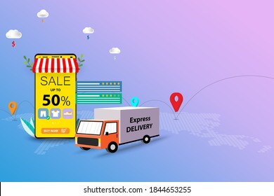 Concept of express delivery, truck is ready to ship the goods to customer that ordered from phone application.