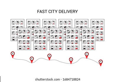 The concept of Express delivery.Fast delivery logistics in a city with a population of millions and skyscrapers. for apps, websites, delivery service banners, and stores.Vector illustration.
