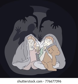 The concept of expressing the fear of children in the dark by holding a flashlight and hidden in the futon. hand drawn style vector doodle design illustrations.