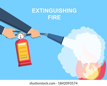 El concepto de extinción de un incendio con un extintor. Ilustración vectorial de dibujos animados planos.