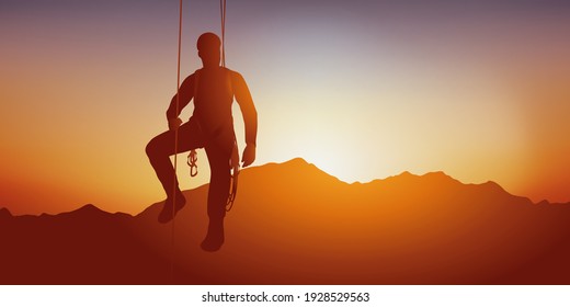 Concept of extreme sport, with a climber suspended from a wall by ropes in front of a sunset on a mountain range.