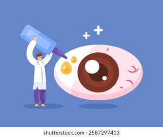 concept of eye health and vision problems. disease treatment, irritated eyes, infections. illustration of an eye specialist or Ophthalmologist treating red and watery eyes. flat style design. elements