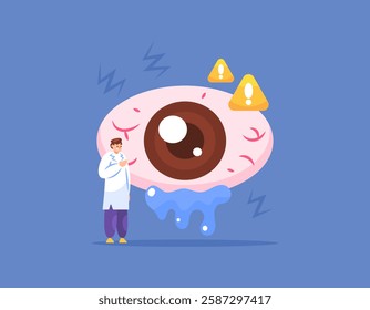 concept of eye health and vision problems. disease, irritated eyes, infection. illustration of an eye specialist or Ophthalmologist examining a red and watery eye. flat style design. elements