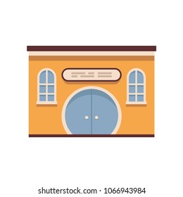 The concept of the facade of the building is of an orange color with a round door and a signboard