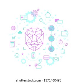 Concept of Face ID. Face Recognition Abstract Tech Background With Line art Icons. Vector illustration.