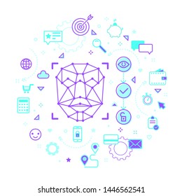 Concept of Face ID. Face Recognition Abstract Tech Background With Line art Icons. Vector illustration.