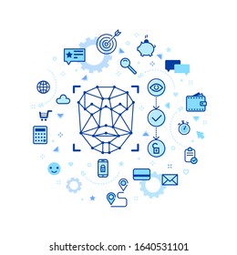 Concept of Face ID. Face Recognition Abstract Tech Background With Line art Icons. Vector illustration.