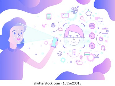 Concept of Face ID. Woman is holding phone in her hand with process of Face Recognition. Vector illustration.