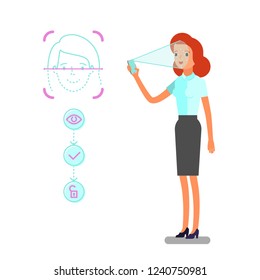 Concept of Face identification. Cartoon business woman holds smartphone in his hand for getting access to device via face recognition technology. Flat design, vector illustration.