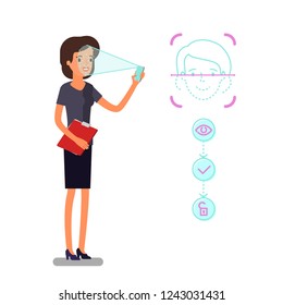 Concept of Face identification. Cartoon business woman holds smartphone in his hand for getting access to device via face recognition technology. Flat design, vector illustration.