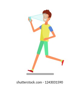 Concept of Face identification. Cartoon man runs and holds smartphone in his hand for getting access to device via face recognition technology. Flat design, vector illustration.