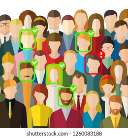 Concept of face identification. A crowd of people with ID marks on face. Face recognition system verifying suspect in the crowd. Flat design, vector illustration.