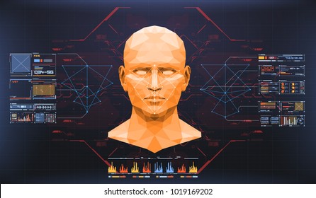 Concept of face scanning. Accurate facial recognition biometric technology and artificial intelligence concept. Face detection HUD interface.