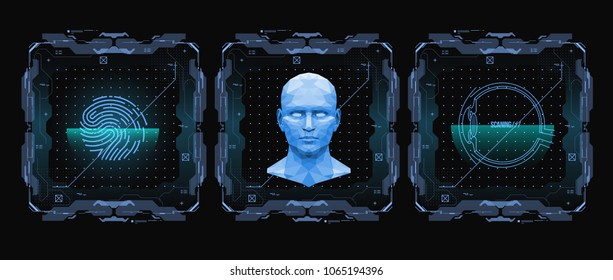 Concept of face scanning. Accurate facial recognition biometric technology and artificial intelligence concept. Face detection HUD interface.