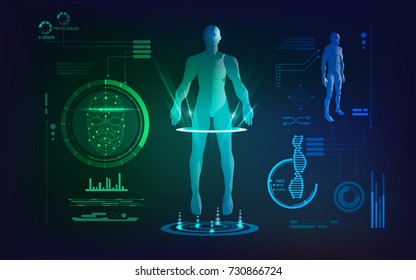 Concept Of Face Scanning And Healthcare Technology; Scientific Interface Of Identity Check; Digital Blueprint Of 3D Body Part Of Human