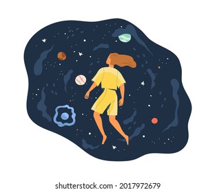 Concept of facing with new and unknown. Flying person exploring space and discovering mysteries. Human fantasy and dream. Flat vector illustration of female dreamer isolated on white background