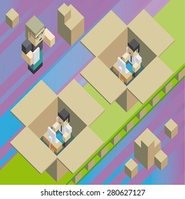 Concept of a factory of employment in a conveyor belt, or creation of new jobs, in isometric old video game style. The grunge texture is removable from the background.