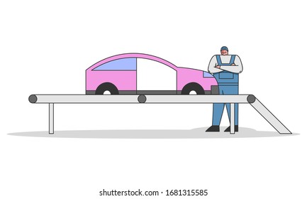 Concept Of Factory Production, Manufacturing Process Of Car. Engineer Or Technician In Uniform Controls The Process Of Car Assembly Conveyor. Cartoon Linear Outline Flat Style. Vector Illustration