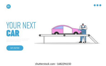 Concept Of Factory Production, Manufacturing Process Of Car. Website Landing Page. Worker Controls Process Of Car Assembly Conveyor. Cartoon Linear Outline Flat Style. Vector Illustration