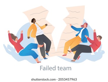 Concept of fail. Team collapsed with the termination of the contract. No unity in office, conflict between colleagues, tense atmosphere. Cartoon flat vector illustration isolated on white background