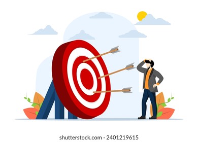 Concept of Failed to start a business. Missing the target, spinning arrow, space rocket launch business failure metaphor. Failed businessman. Modern flat cartoon style. Vector illustration.