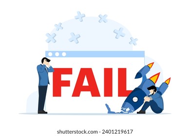 Concept of Failed to start a business. Missing the target, spinning arrow, space rocket launch business failure metaphor. Failed businessman. Modern flat cartoon style. Vector illustration.