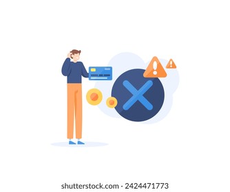 A concept of failed transactions and declined payments. Illegal transaction alert. A customer is confused because he has a failure to use a debit card. illustration concept design. graphic elements