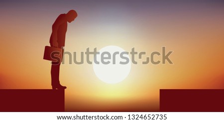 Concept of failure with a man in a dead end, standing on the edge of a chasm that prevents him from reaching the opposite bank and forces him to give up before the obstacle.