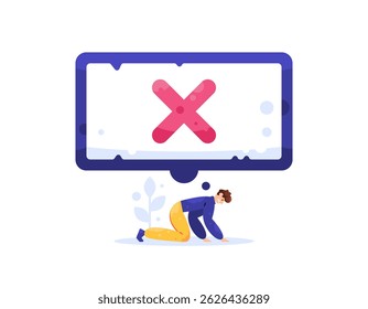 conceito de falha, erro, rejeição. em apuros. sentir-se frustrado e estressado por causa do fracasso. problemas. ilustração de pessoas para baixo porque eles falharam. símbolo de cruz. design de estilo plano
