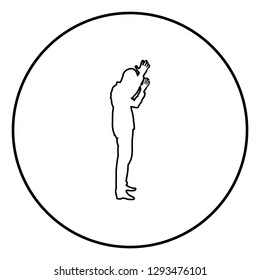 Concept of failure what is it for me problem Man raised hands silhouette icon black color outline vector illustration flat style simple image in circle round